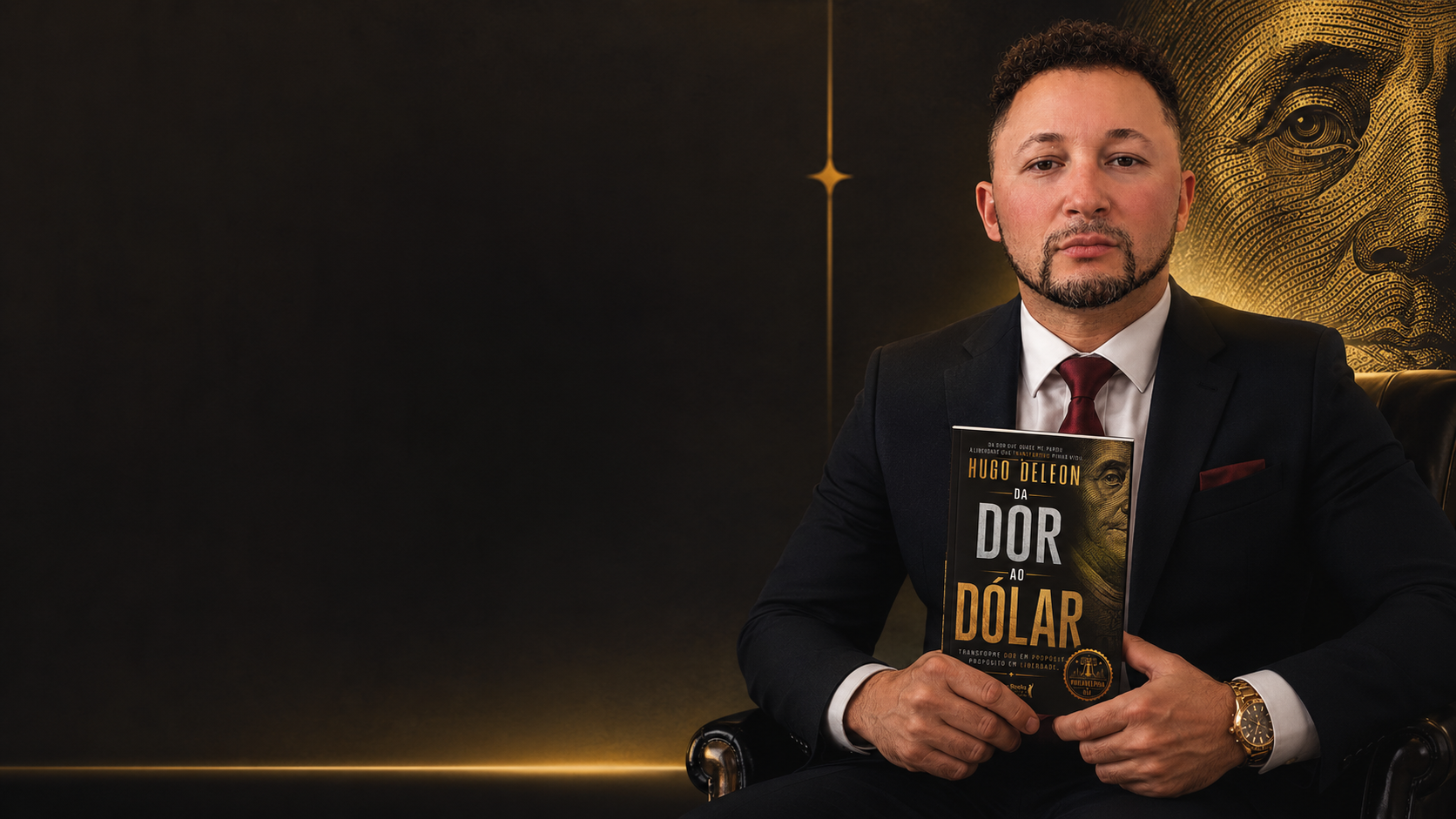 Hugo Deleon segurando o livro Da Dor ao Dólar